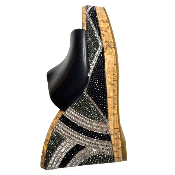 INC Black Leather Cork Wedge Sandals W/Rhinestone Embellished Heel 6.5 - Picture 4 of 10